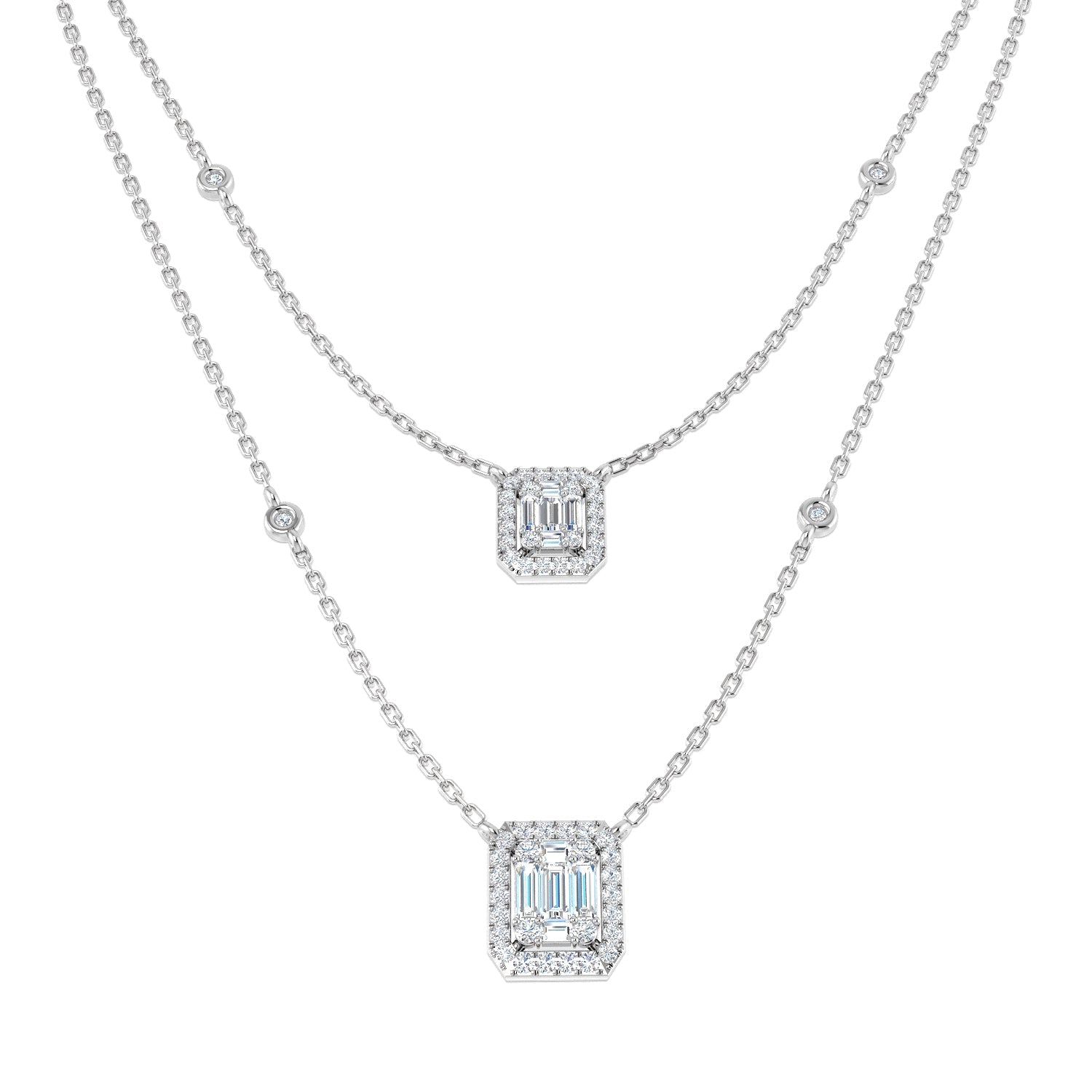Baguette Diamond Double Drop Necklace 0.75ct Gold in 10K/14K gold and platinum with certified lab-grown or natural diamonds