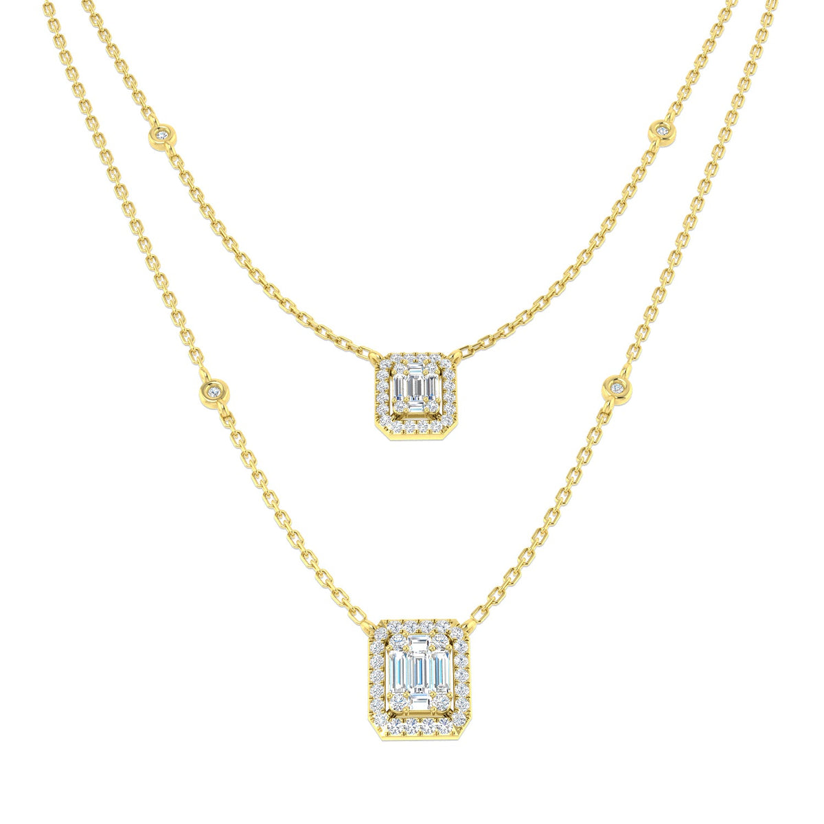 Baguette Diamond Double Drop Necklace 0.75ct Gold in 10K/14K gold and platinum with certified lab-grown or natural diamonds