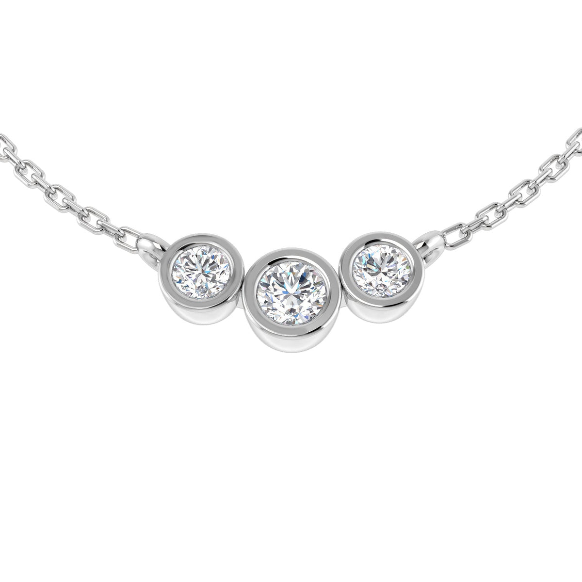 Bezel Set Three Stone Diamond Necklace Curved Design in Gold & in 10K/14K gold and platinum with certified lab-grown or natural diamonds