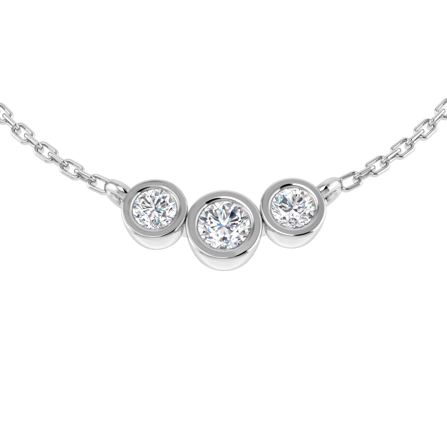 Bezel Set Three Stone Diamond Necklace Curved Design in Gold & in 10K/14K gold and platinum with certified lab-grown or natural diamonds