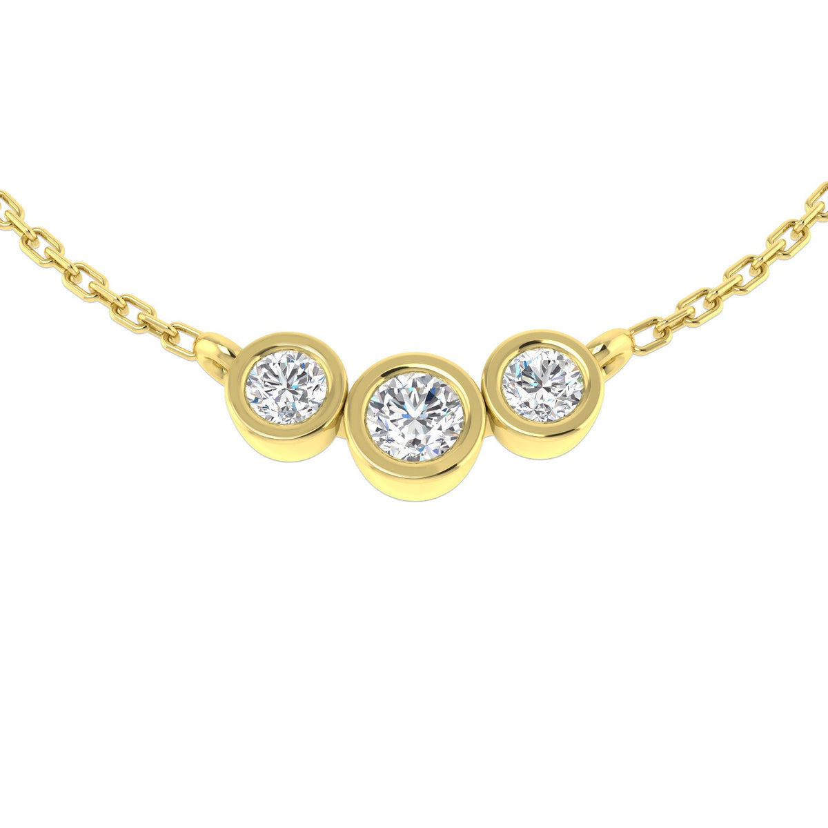 Bezel Set Three Stone Diamond Necklace Curved Design in Gold & in 10K/14K gold and platinum with certified lab-grown or natural diamonds