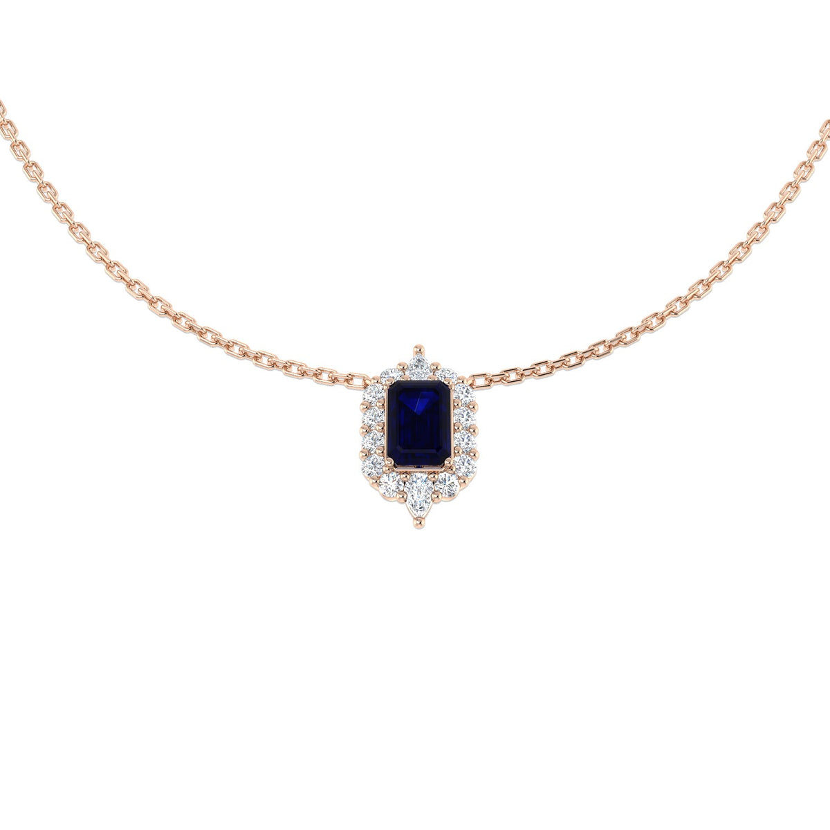 Emerald Cut Blue Sapphire Halo Pendant Necklace in 10K/14K gold and platinum with certified lab-grown or natural diamonds