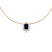 Emerald Cut Blue Sapphire Halo Pendant Necklace in 10K/14K gold and platinum with certified lab-grown or natural diamonds