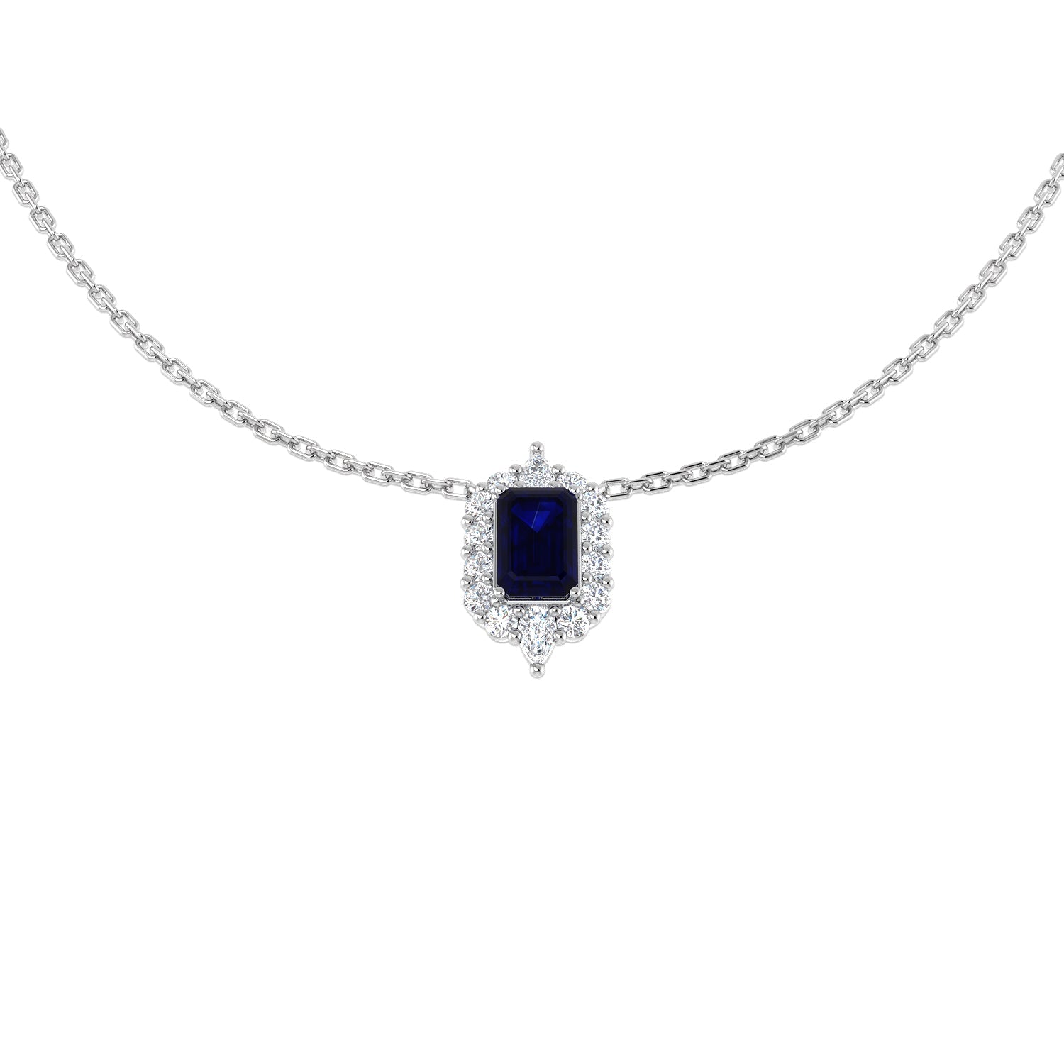 Emerald Cut Blue Sapphire Halo Pendant Necklace in 10K/14K gold and platinum with certified lab-grown or natural diamonds