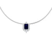 Emerald Cut Blue Sapphire Halo Pendant Necklace in 10K/14K gold and platinum with certified lab-grown or natural diamonds