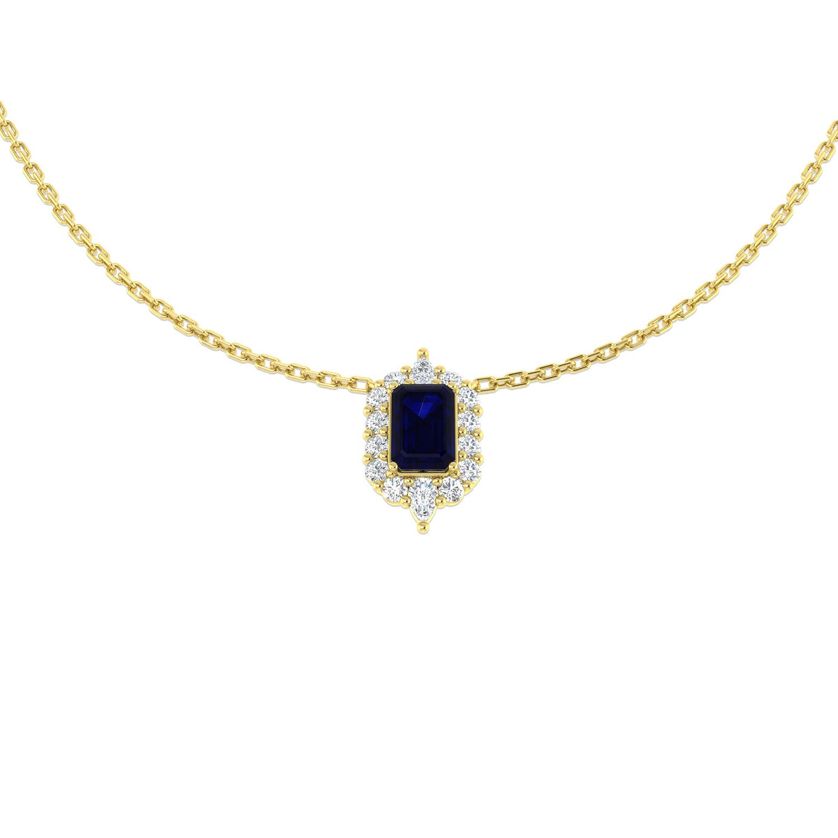 Emerald Cut Blue Sapphire Halo Pendant Necklace in 10K/14K gold and platinum with certified lab-grown or natural diamonds