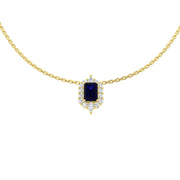 Emerald Cut Blue Sapphire Halo Pendant Necklace in 10K/14K gold and platinum with certified lab-grown or natural diamonds