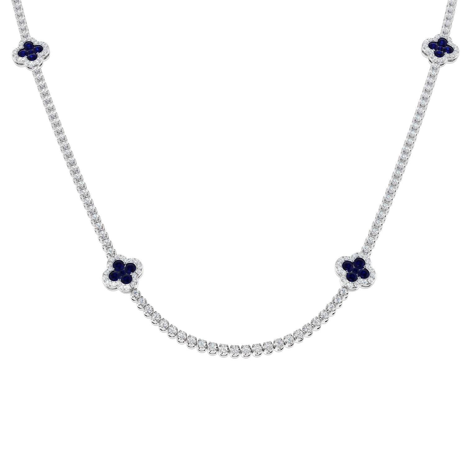 Blue Sapphire Clover Tennis Necklace in 10K/14K gold and platinum with certified lab-grown or natural diamonds