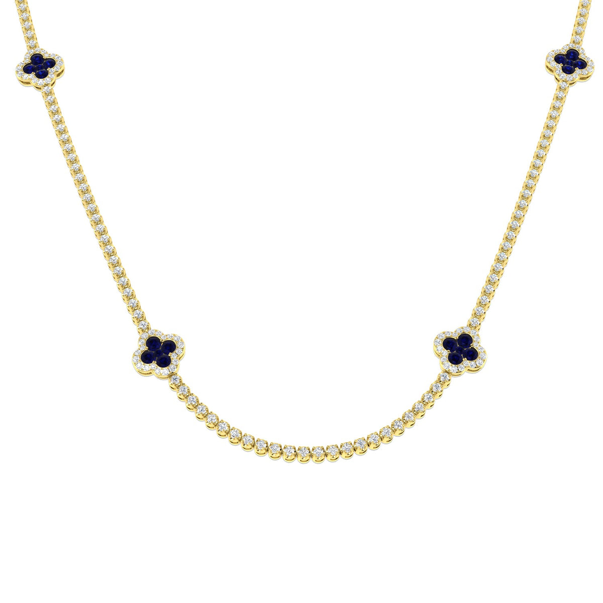 Blue Sapphire Clover Tennis Necklace in 10K/14K gold and platinum with certified lab-grown or natural diamonds