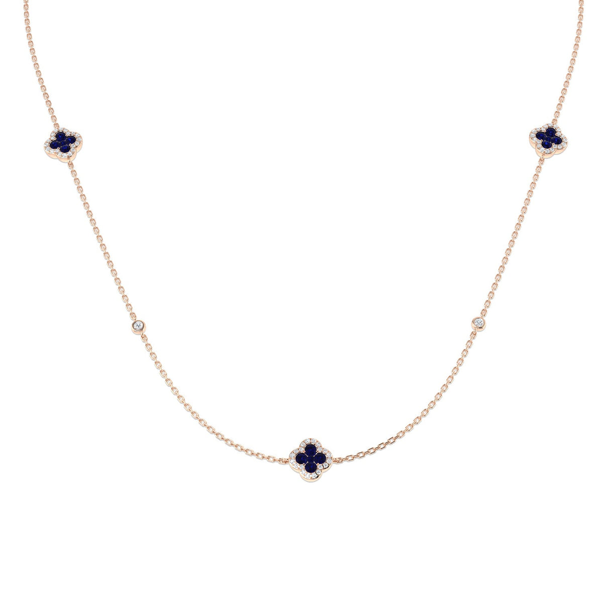 Blue Sapphire Clover Station Necklace with Diamond Accents in 10K/14K gold and platinum with certified lab-grown or natural diamonds