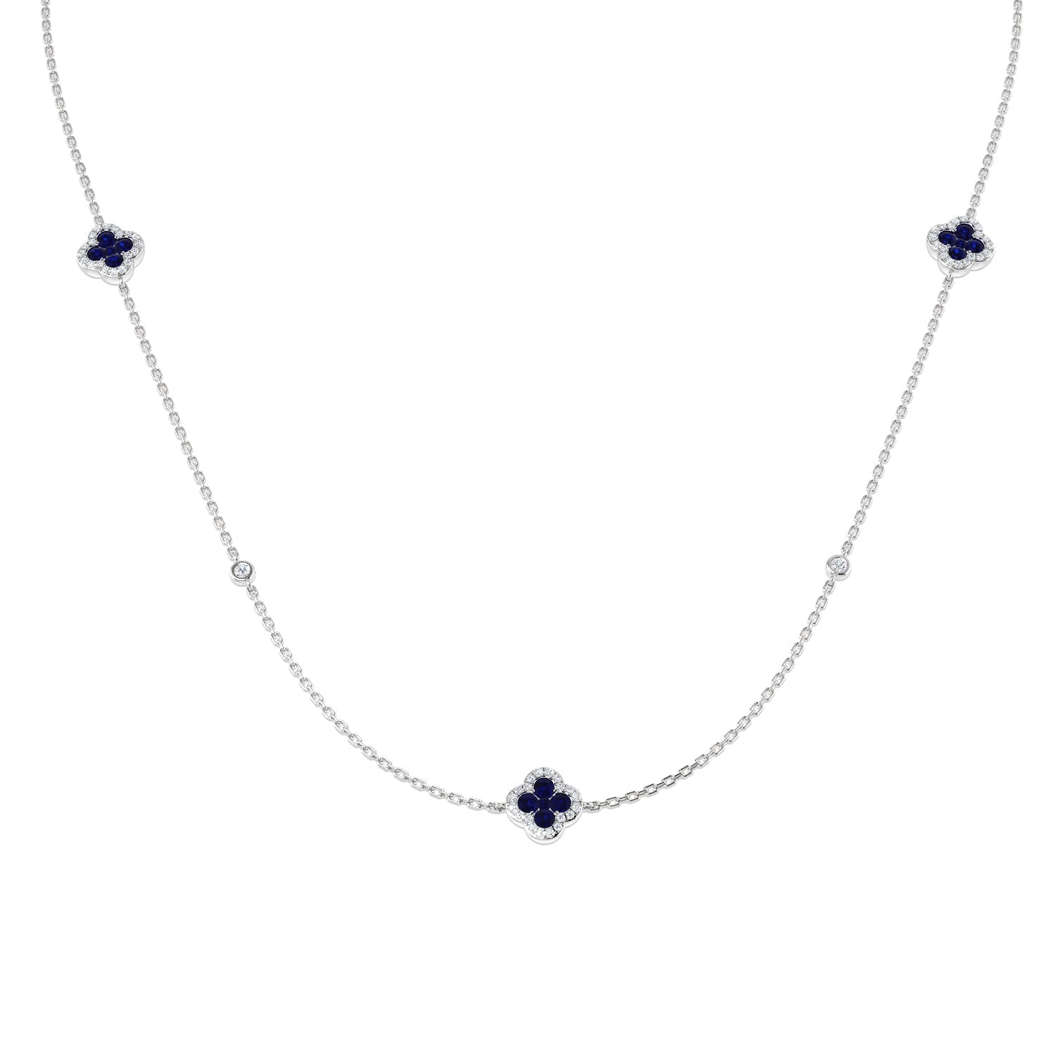 Blue Sapphire Clover Station Necklace with Diamond Accents in 10K/14K gold and platinum with certified lab-grown or natural diamonds