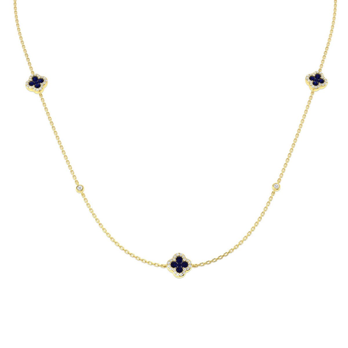 Blue Sapphire Clover Station Necklace with Diamond Accents in 10K/14K gold and platinum with certified lab-grown or natural diamonds