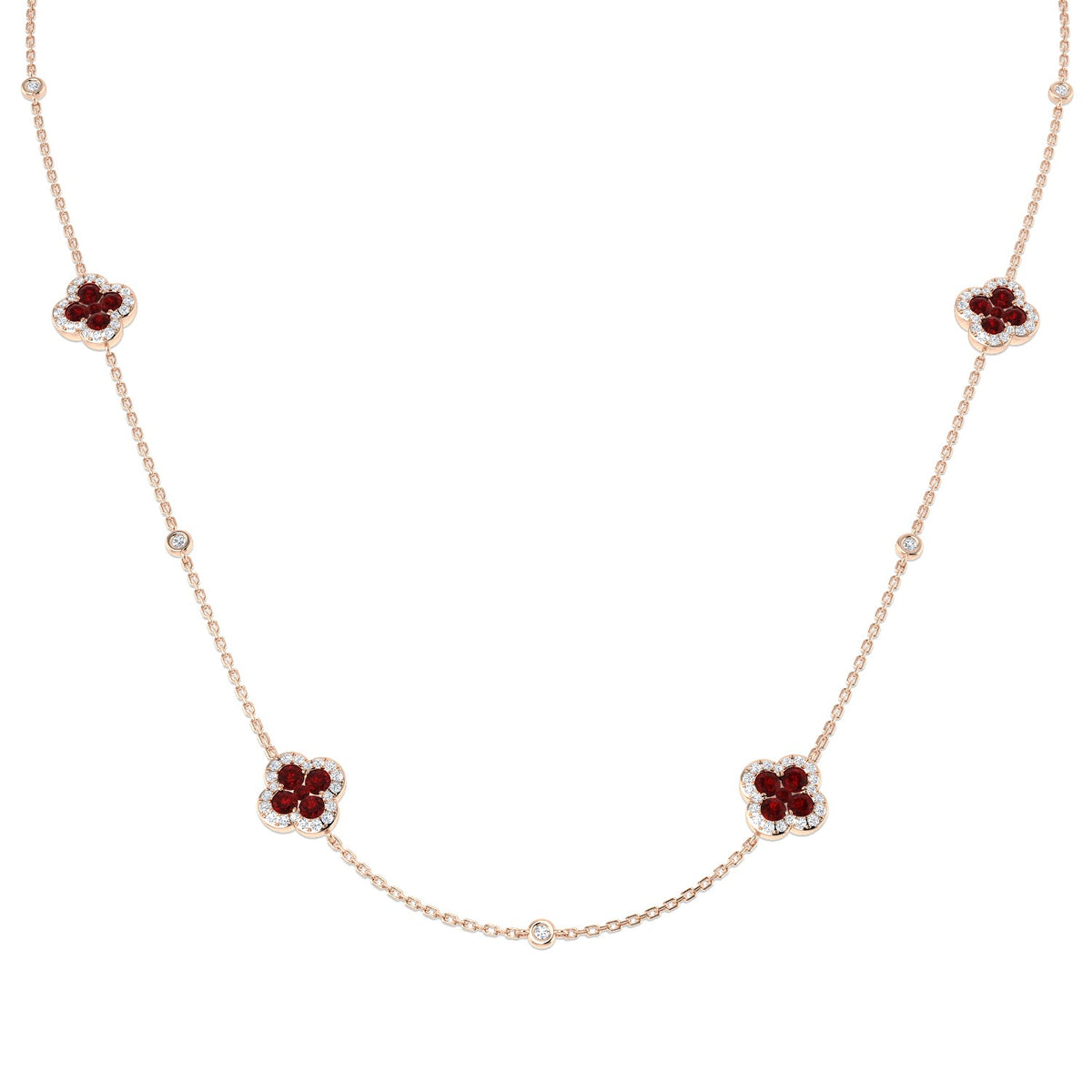 Ruby Flower Station Necklace with Diamond Accents -Clover Design in 10K/14K gold and platinum with certified lab-grown or natural diamonds
