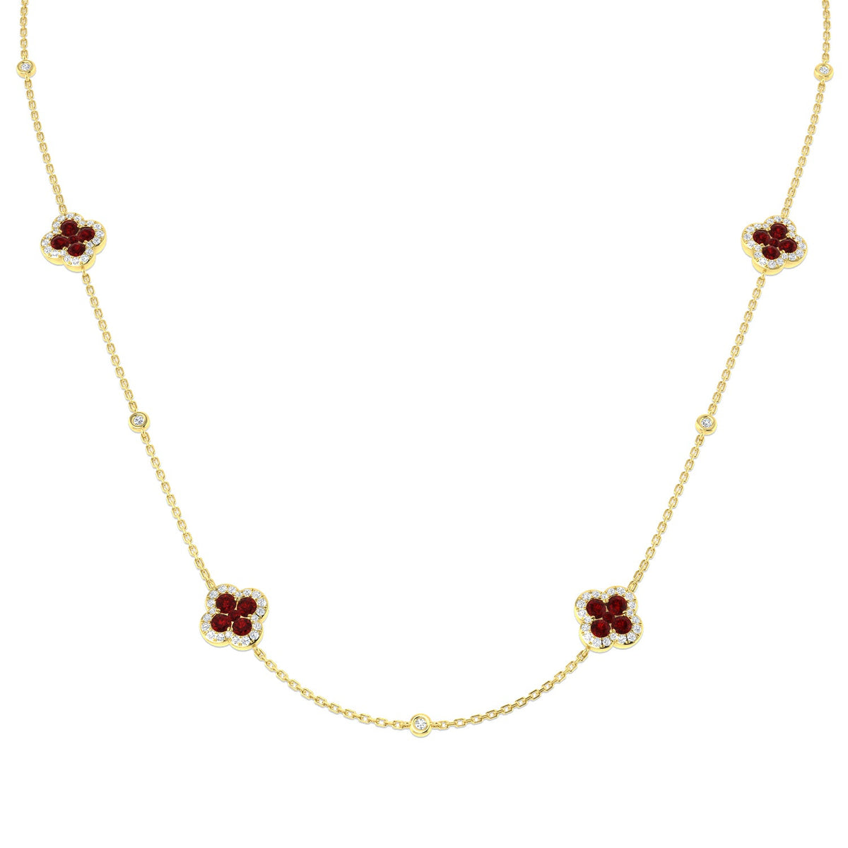 Ruby Flower Station Necklace with Diamond Accents -Clover Design in 10K/14K gold and platinum with certified lab-grown or natural diamonds