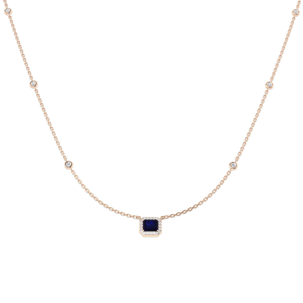 Emerald Cut Blue Sapphire Halo Station Necklace in in 10K/14K gold and platinum with certified lab-grown or natural diamonds