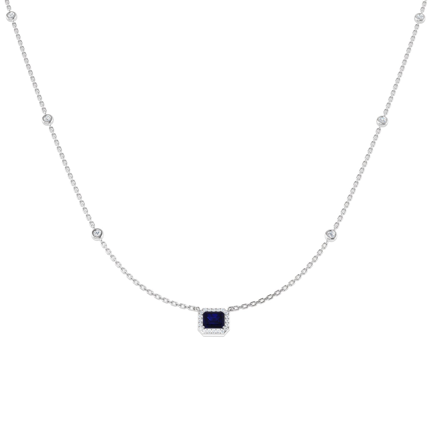 Emerald Cut Blue Sapphire Halo Station Necklace in in 10K/14K gold and platinum with certified lab-grown or natural diamonds