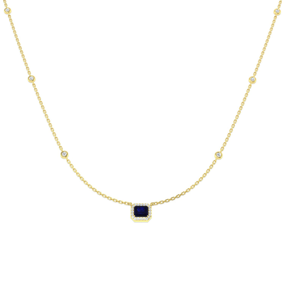 Emerald Cut Blue Sapphire Halo Station Necklace in in 10K/14K gold and platinum with certified lab-grown or natural diamonds