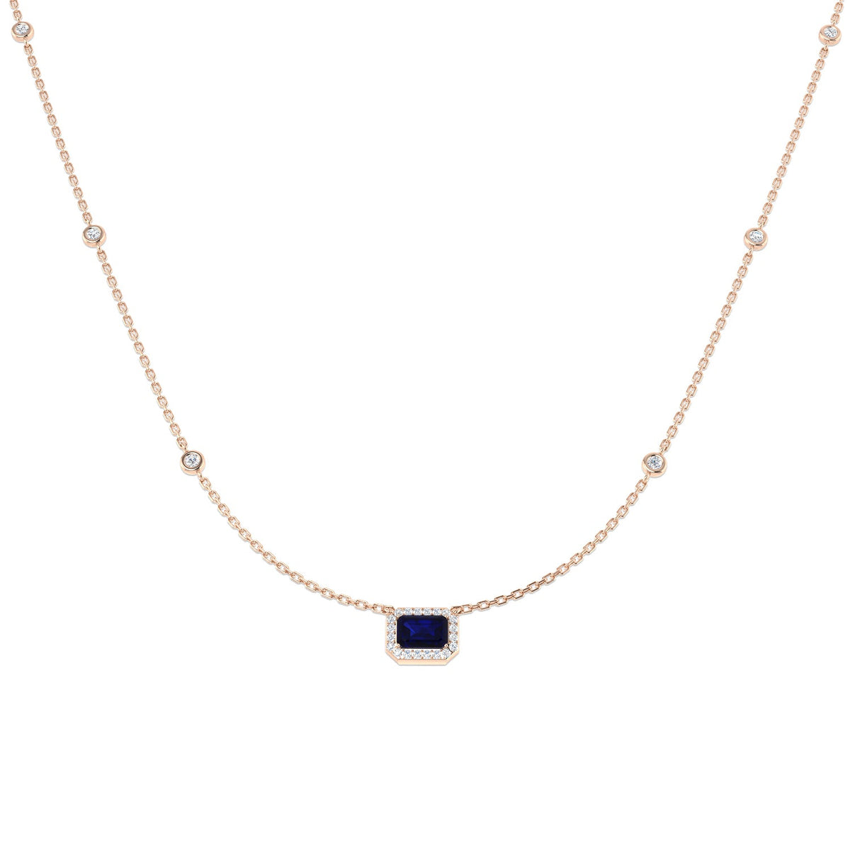 Blue Sapphire Halo Necklace with Bezel Set Diamond Stations - UK Made in 10K/14K gold and platinum with certified lab-grown or natural diamonds