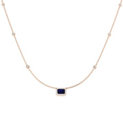 Blue Sapphire Halo Necklace with Bezel Set Diamond Stations - UK Made in 10K/14K gold and platinum with certified lab-grown or natural diamonds