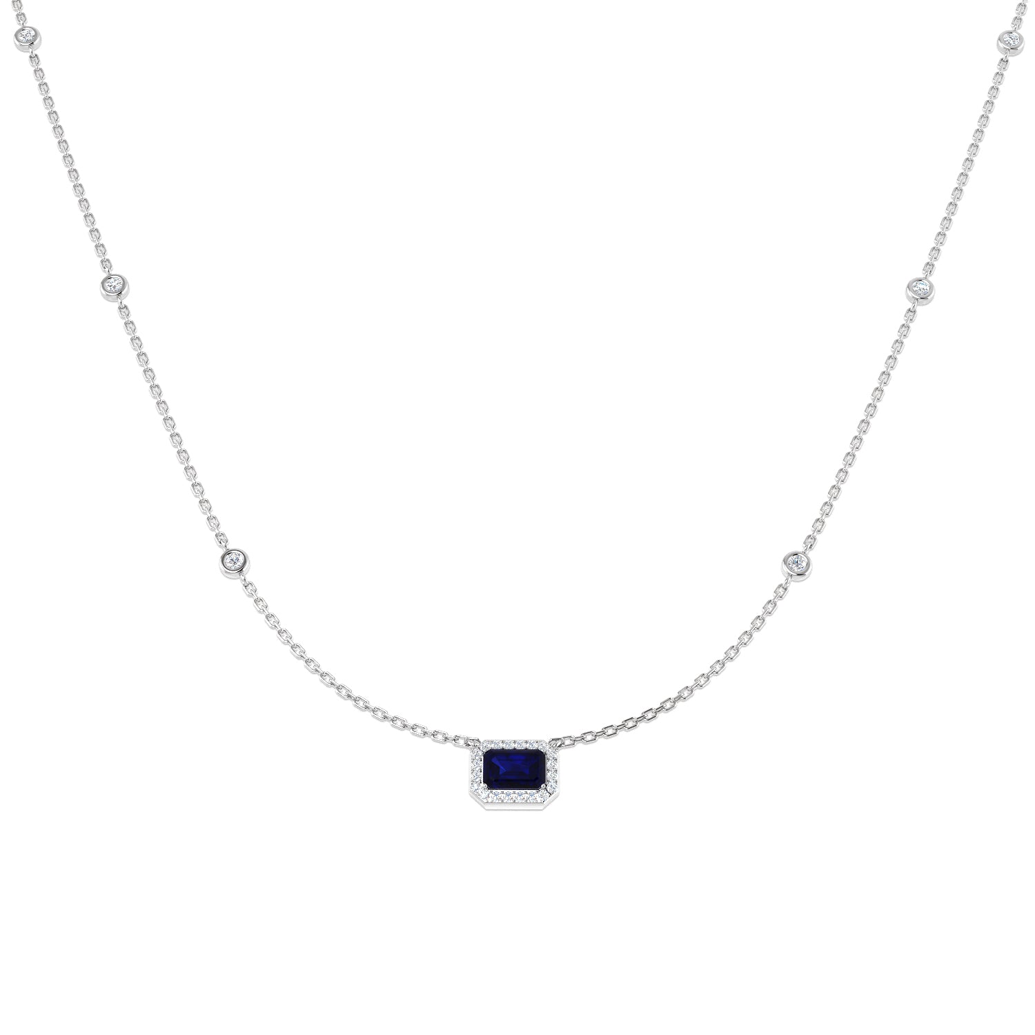 Blue Sapphire Halo Necklace with Bezel Set Diamond Stations - UK Made in 10K/14K gold and platinum with certified lab-grown or natural diamonds