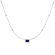 Blue Sapphire Halo Necklace with Bezel Set Diamond Stations - UK Made in 10K/14K gold and platinum with certified lab-grown or natural diamonds