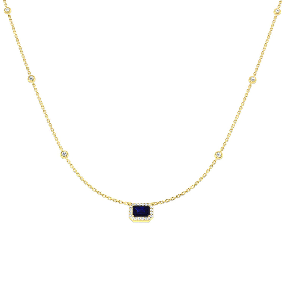 Blue Sapphire Halo Necklace with Bezel Set Diamond Stations - UK Made in 10K/14K gold and platinum with certified lab-grown or natural diamonds