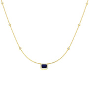 Blue Sapphire Halo Necklace with Bezel Set Diamond Stations - UK Made in 10K/14K gold and platinum with certified lab-grown or natural diamonds