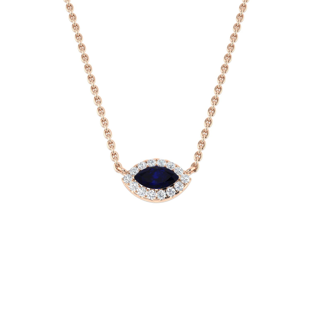 Marquise Cut Blue Sapphire & Diamond Halo Necklace in 10K/14K gold and platinum with certified lab-grown or natural diamonds