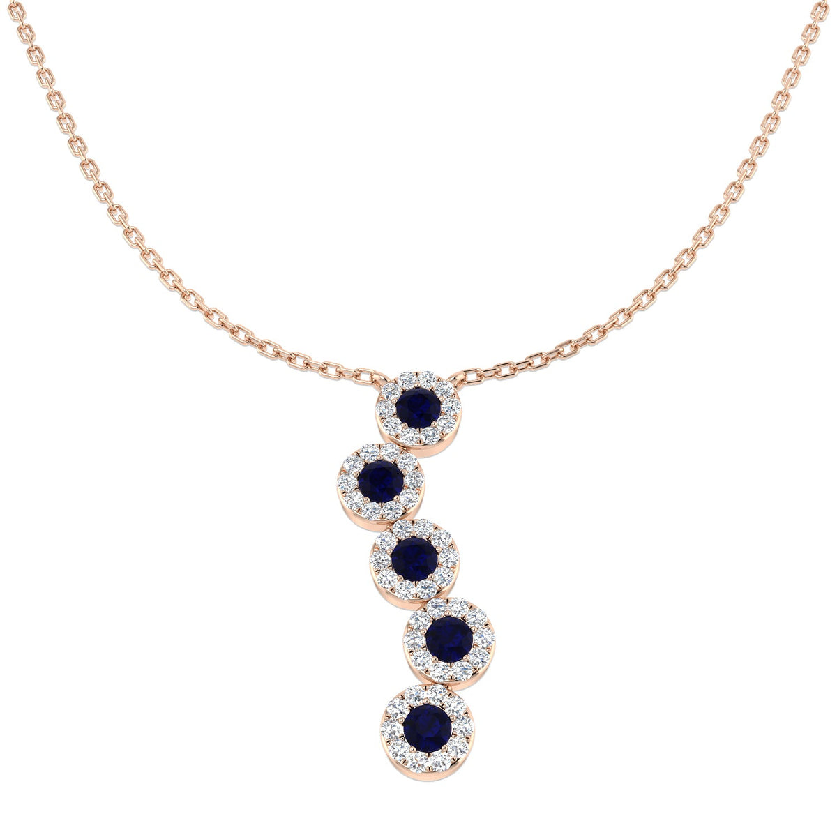 Blue Sapphire & Diamond Five Stone Drop Pendant Necklace - UK Made in 10K/14K gold and platinum with certified lab-grown or natural diamonds
