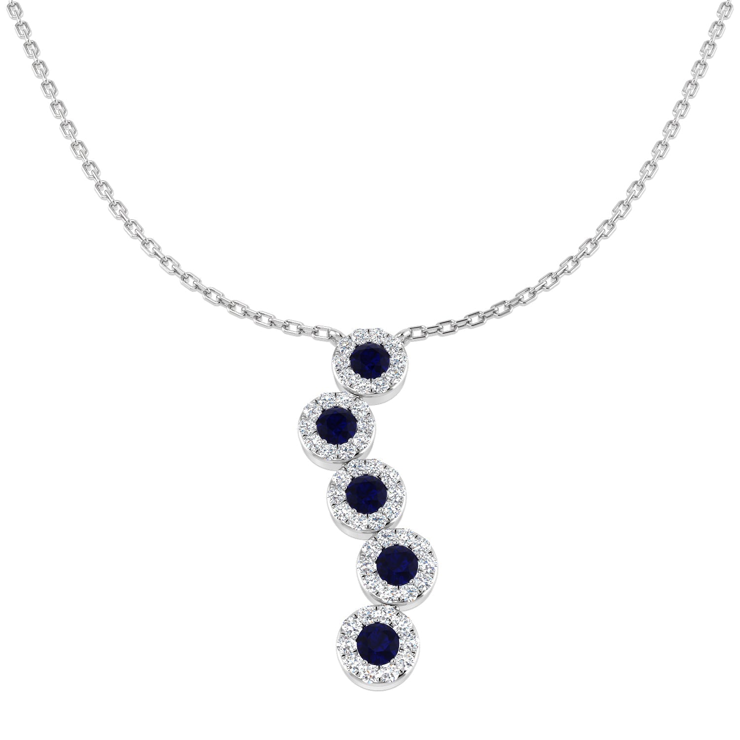 Blue Sapphire & Diamond Five Stone Drop Pendant Necklace - UK Made in 10K/14K gold and platinum with certified lab-grown or natural diamonds
