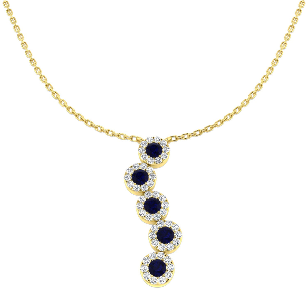 Blue Sapphire & Diamond Five Stone Drop Pendant Necklace - UK Made in 10K/14K gold and platinum with certified lab-grown or natural diamonds