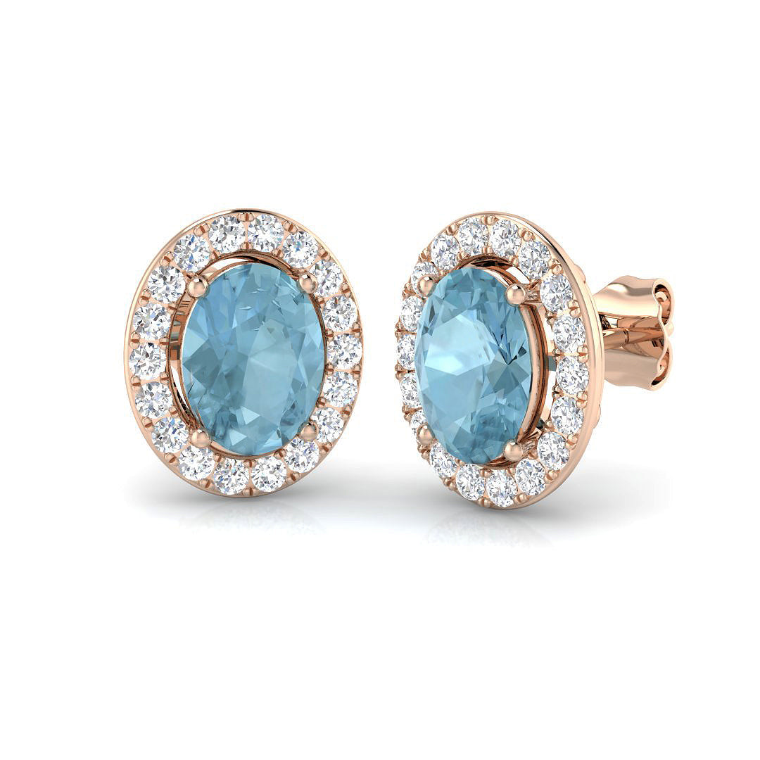 Aquamarine Diamond Halo Stud Earrings in Gold - 2.5ct & 3ct Elegance in 10K/14K gold and platinum with certified lab-grown or natural diamonds