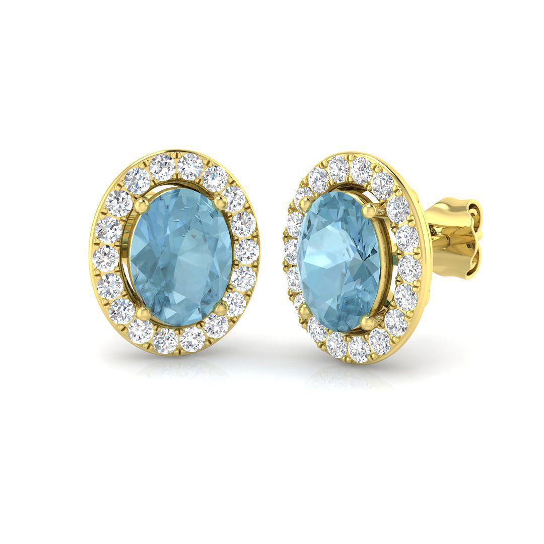 Aquamarine Diamond Halo Stud Earrings in Gold - 2.5ct & 3ct Elegance in 10K/14K gold and platinum with certified lab-grown or natural diamonds