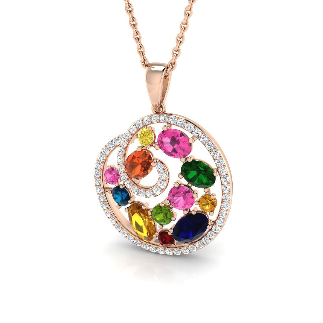 Multicolor Gemstone Swirl Pendant 1.75ct Gold (Without Chain ) in 10K/14K gold and platinum with certified lab-grown or natural diamonds