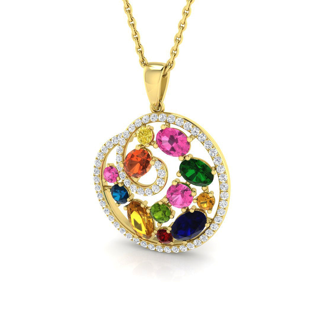 Multicolor Gemstone Swirl Pendant 1.75ct Gold (Without Chain ) in 10K/14K gold and platinum with certified lab-grown or natural diamonds