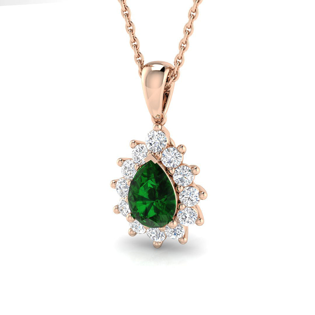 Pear Cut Emerald & Diamond Halo Pendant Without Chain in 10K/14K gold and platinum with certified lab-grown or natural diamonds