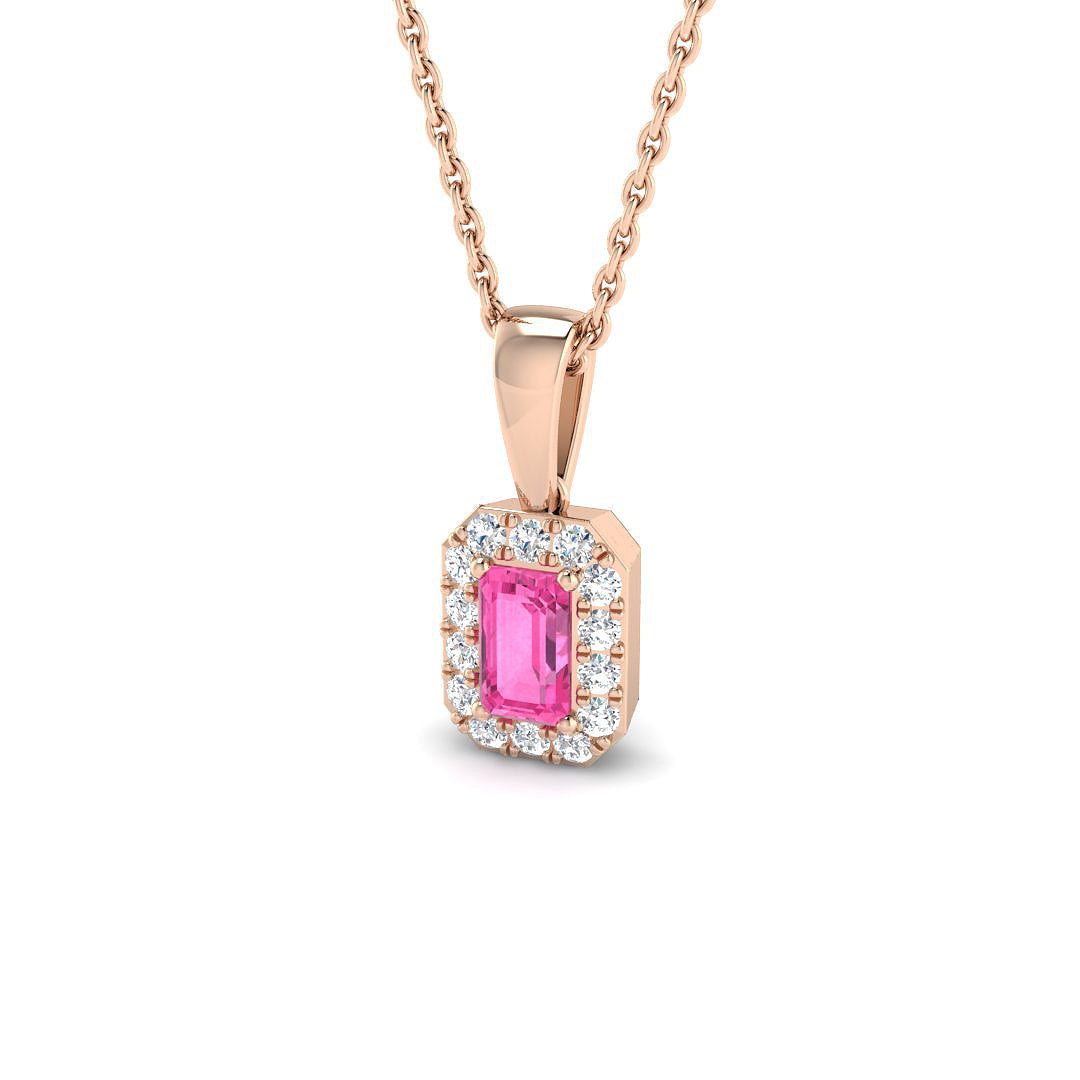 Emerald Cut Pink Sapphire Halo Pendant in in 10K/14K gold and platinum with certified lab-grown or natural diamonds
