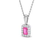 Emerald Cut Pink Sapphire Halo Pendant in in 10K/14K gold and platinum with certified lab-grown or natural diamonds