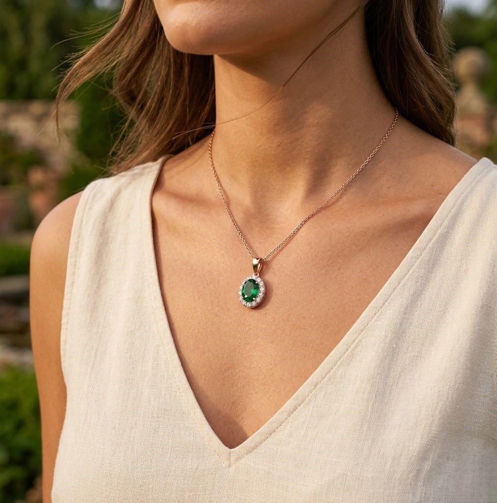 Green Emerald Diamond Pendant UK in 10K/14K gold and platinum with certified lab-grown or natural diamonds