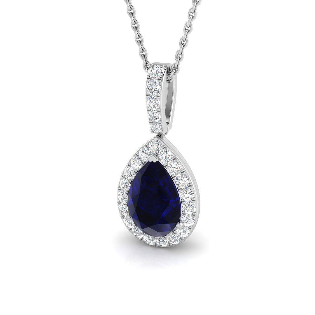 Sapphire and Diamond Halo Pendant 1.75ct Gold (Without Chain ) in 10K/14K gold and platinum with certified lab-grown or natural diamonds