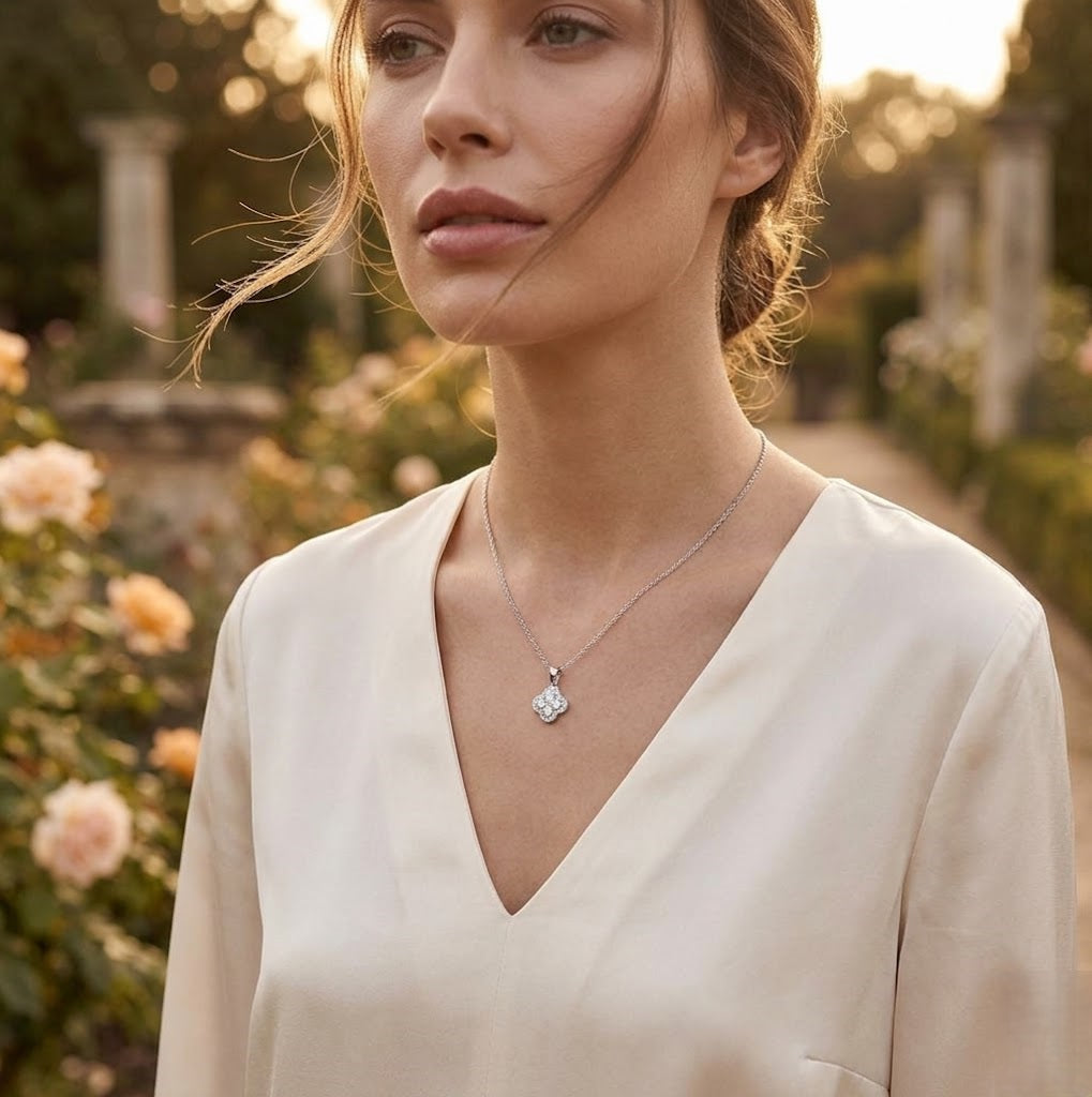 Diamond Cluster Halo Pendant Necklace with Infinity Twist Bail - UK Made in 10K/14K gold and platinum with certified lab-grown or natural diamonds