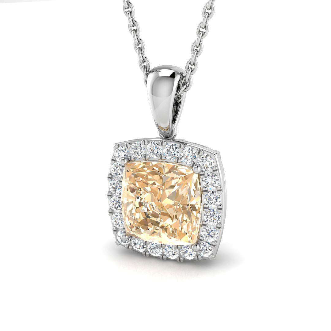 Cushion Morganite & Diamond Halo Pendant in in 10K/14K gold and platinum with certified lab-grown or natural diamonds