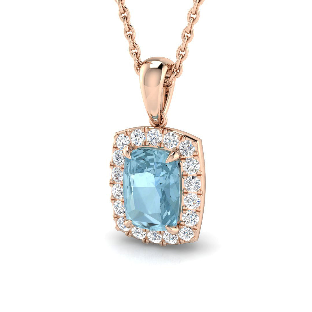 Cushion Cut Aquamarine Halo Pendant in in 10K/14K gold and platinum with certified lab-grown or natural diamonds