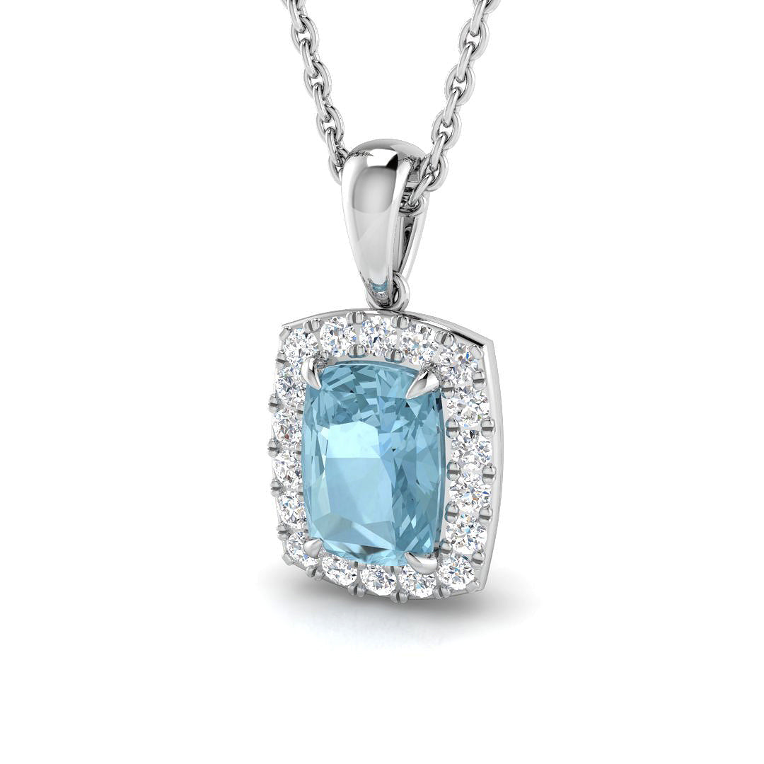 Cushion Cut Aquamarine Halo Pendant in in 10K/14K gold and platinum with certified lab-grown or natural diamonds