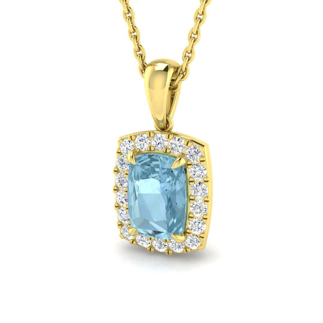 Cushion Cut Aquamarine Halo Pendant in in 10K/14K gold and platinum with certified lab-grown or natural diamonds