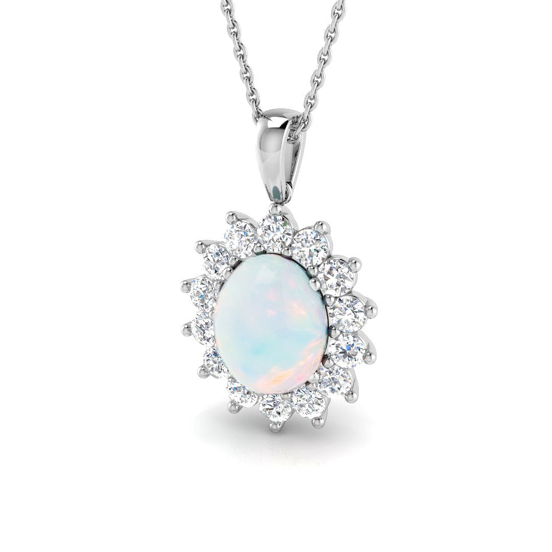 Opal and Diamond Halo Pendant in 10K/14K gold and platinum with certified lab-grown or natural diamonds