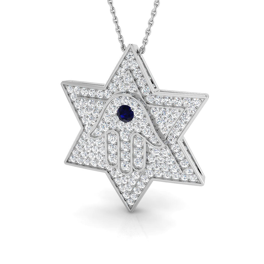 Star Hamsa Diamond Pendant with Sapphire Centre in Gold Without Chain in 10K/14K gold and platinum with certified lab-grown or natural diamonds