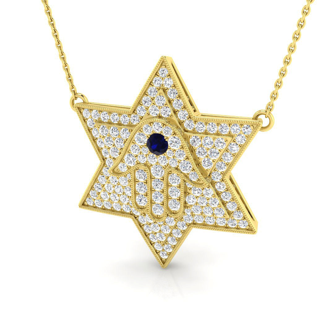 Star Hamsa Diamond Pendant with Sapphire Centre in Gold Without Chain in 10K/14K gold and platinum with certified lab-grown or natural diamonds