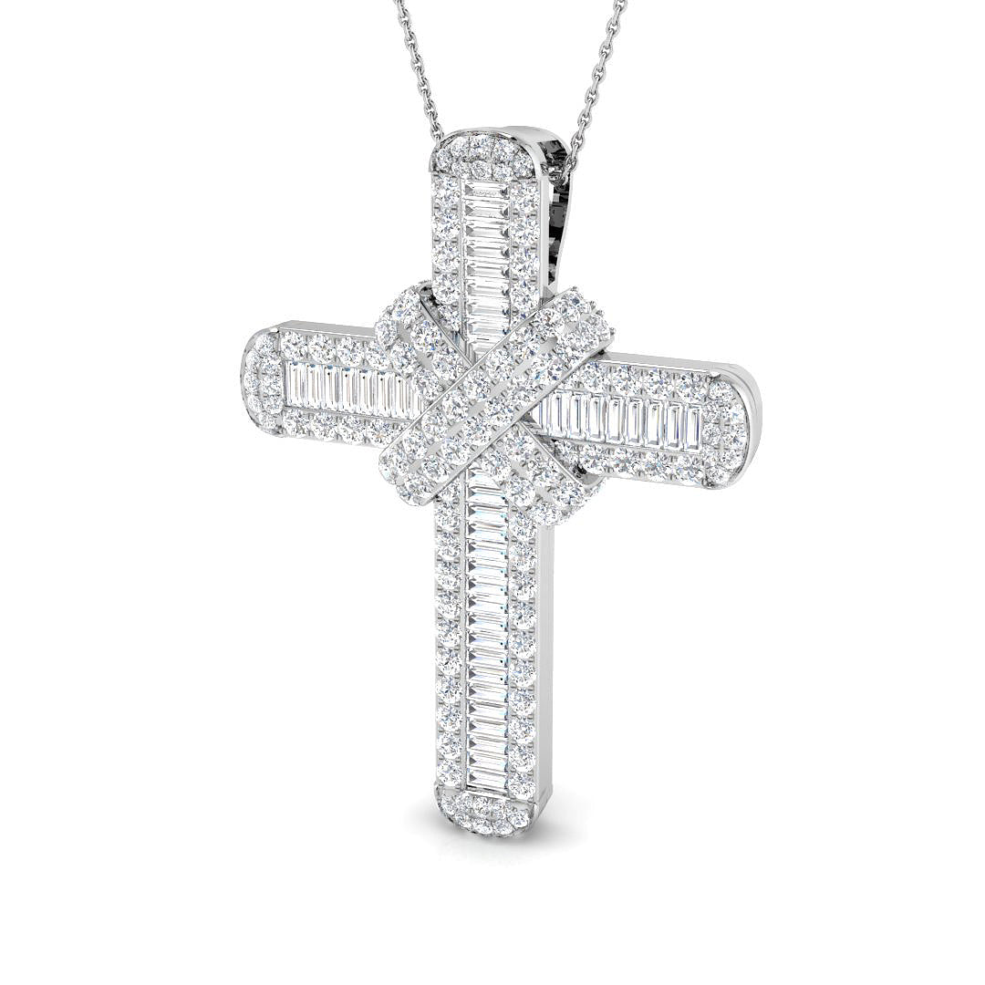 5Ct Baguette Diamond Cross Pendant with Round Diamond Border in 10K/14K gold and platinum with certified lab-grown or natural diamonds
