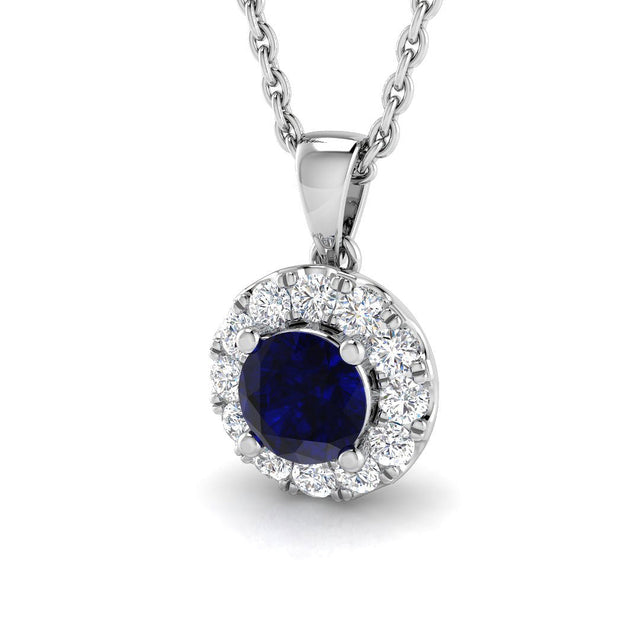 Round Blue Sapphire Halo Pendant in | 10K & 14K Gold, Platinum